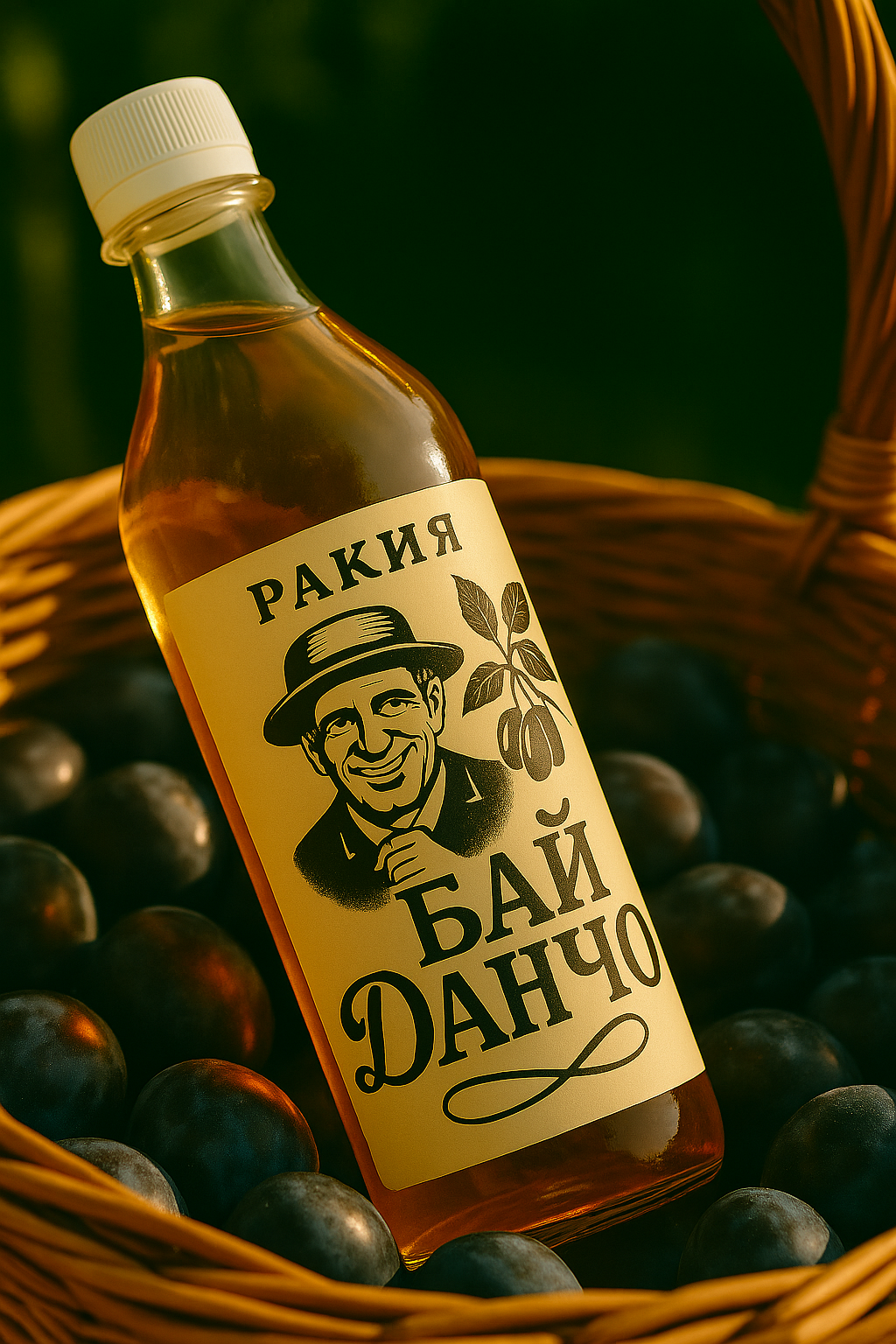 Ракия Бай Данчо в кошница с тъмни сливи