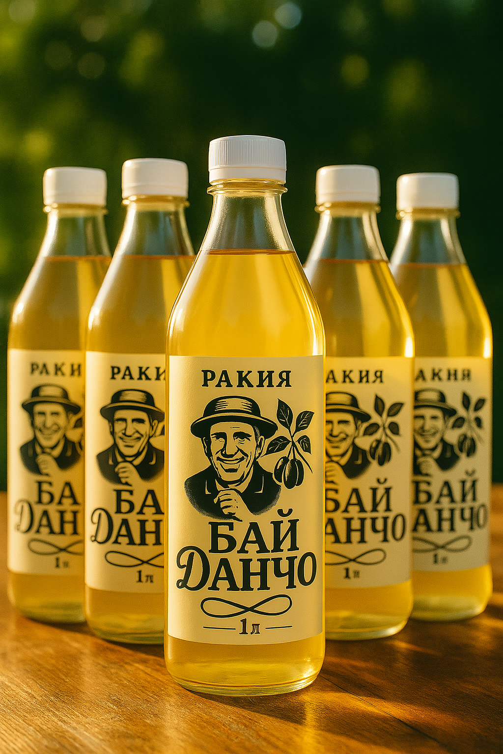 Група бутилки Ракия Бай Данчо - продуктова витрина